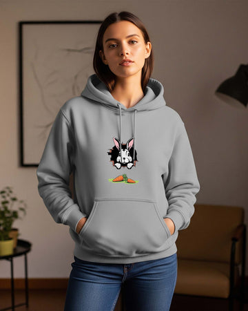 Women wearing a Dumkee gray hoodie with a rabbit character design in a room.