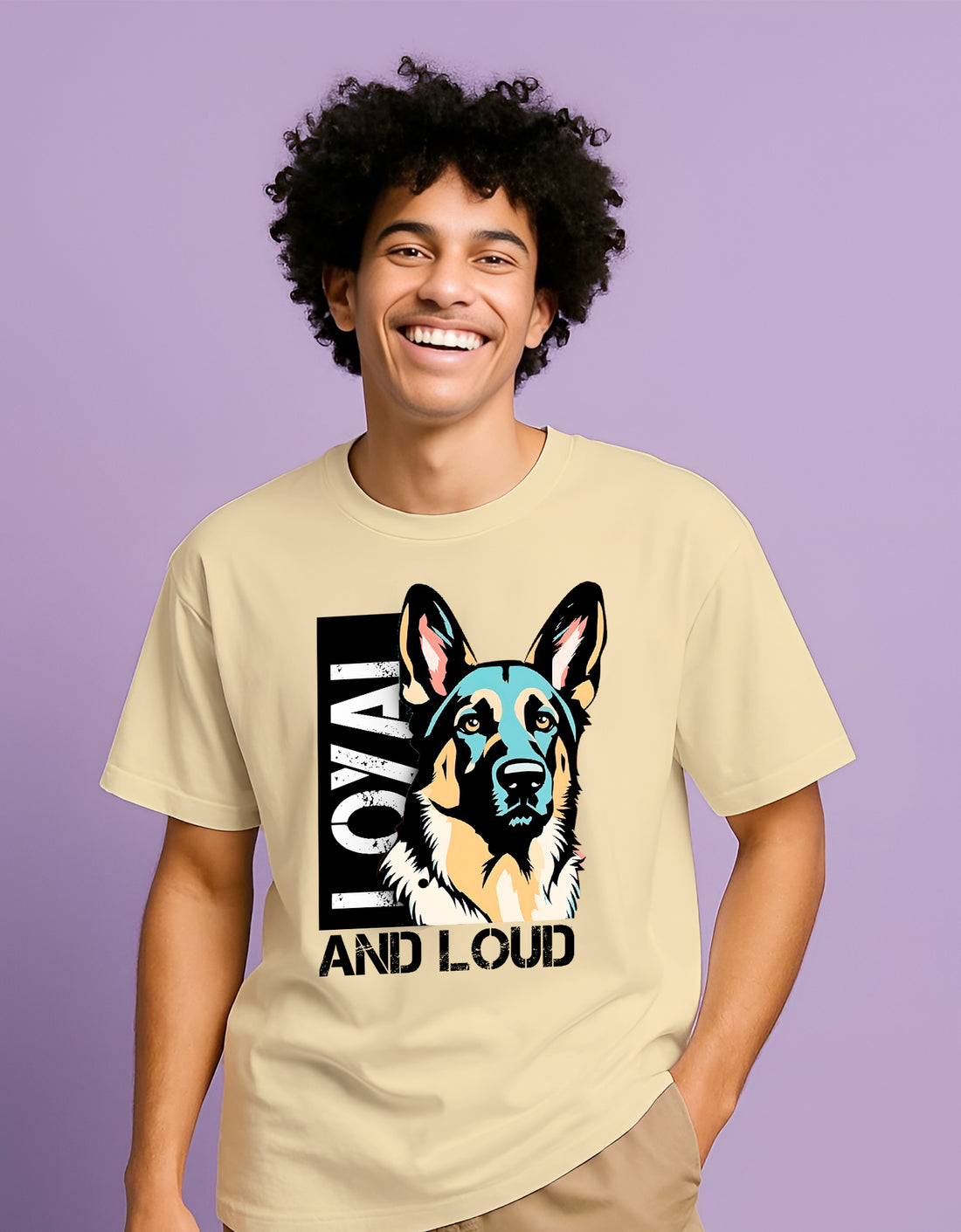 Person wearing a Dumkee beige oversize t-shirt with a graphic of a dog
