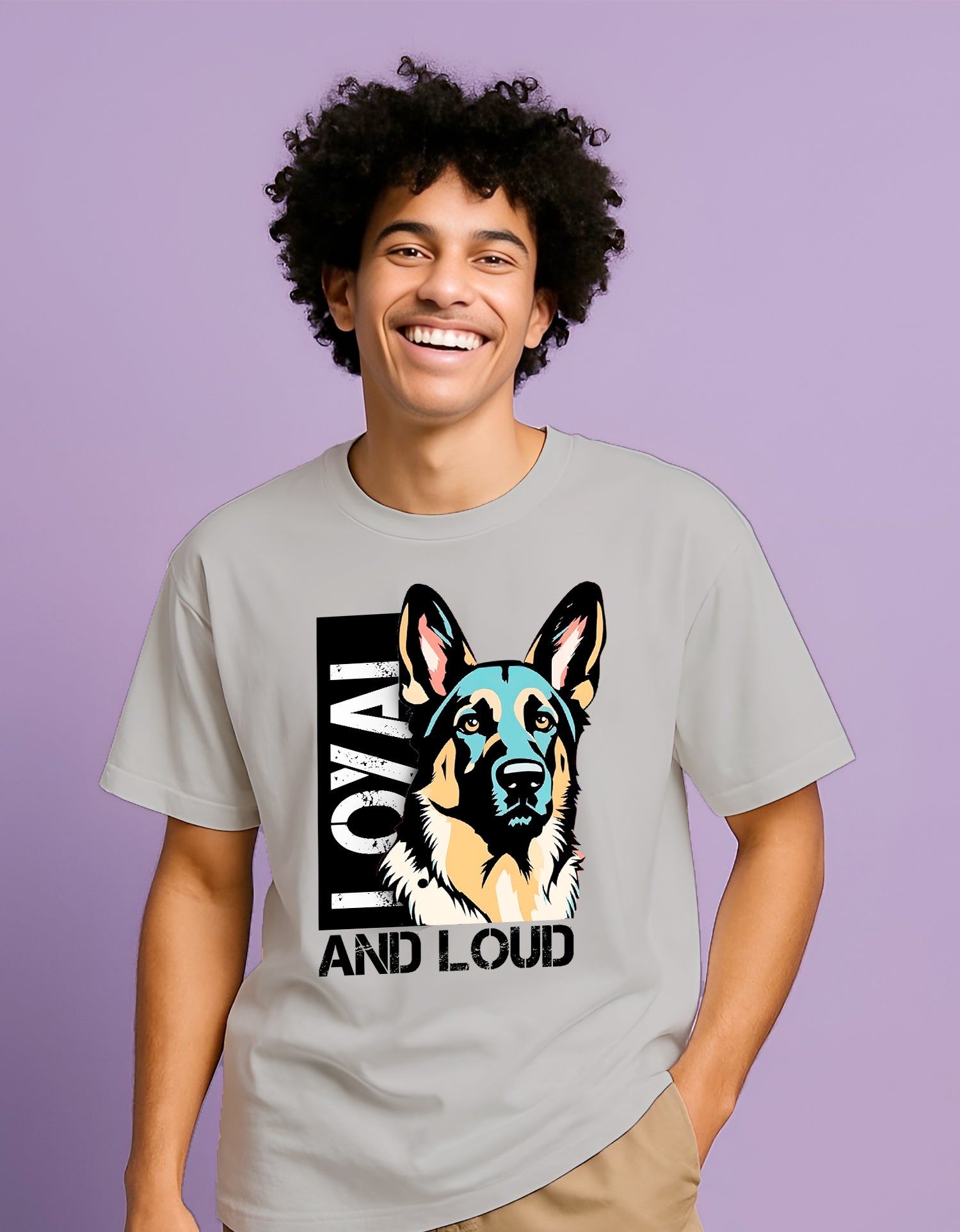 Person wearing a Dumkee gray oversize t-shirt with a dog graphic 