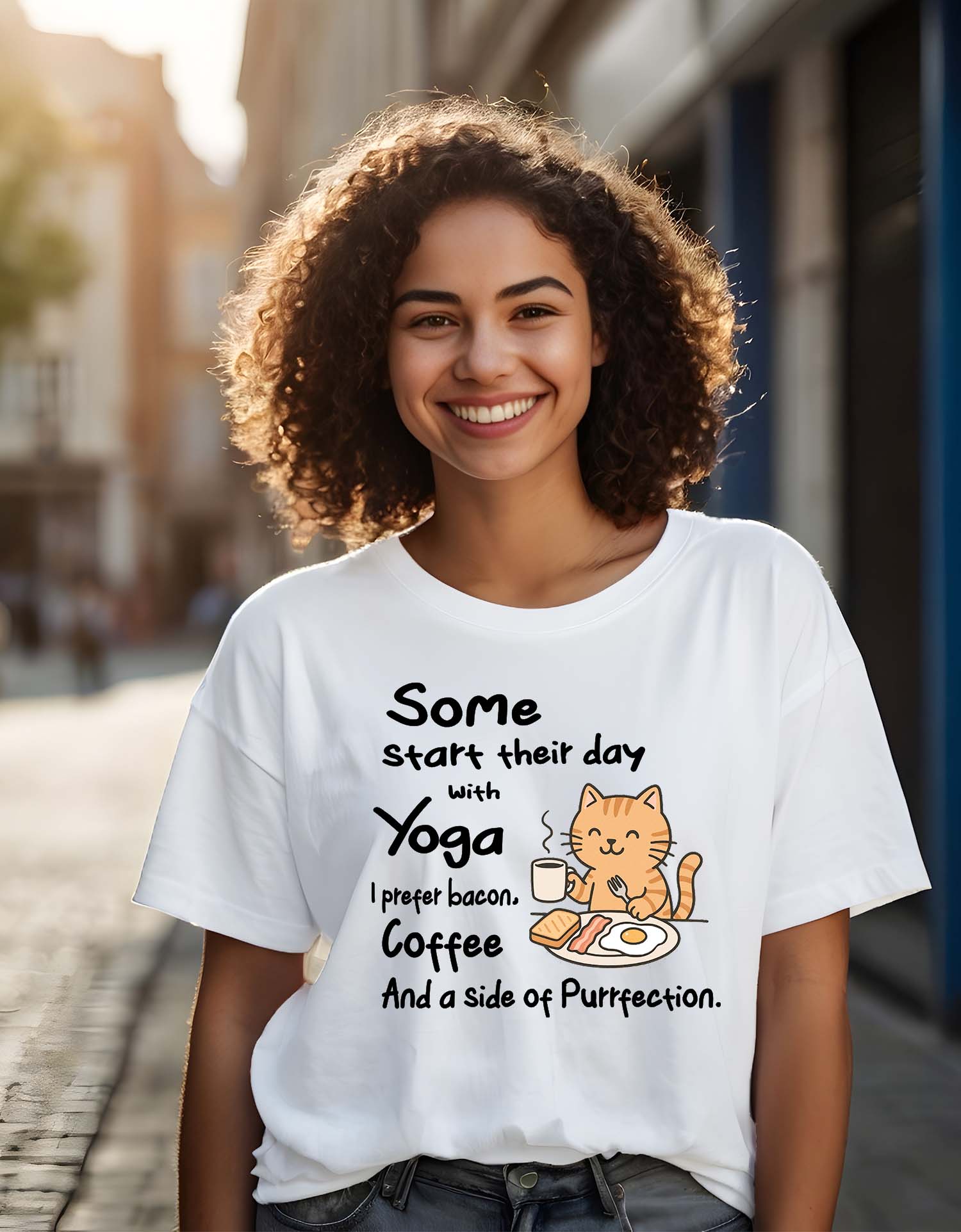 Person wearing a Dumkee Oversize white t-shirt with a humorous print, standing on a street.
