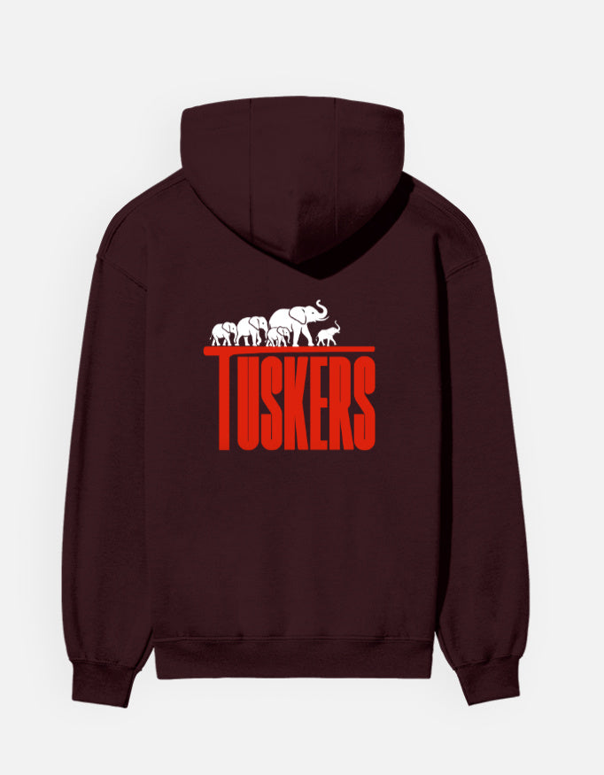 Person wearing a Dumkee maroon hoodie with 'Tuskers' design on the back.