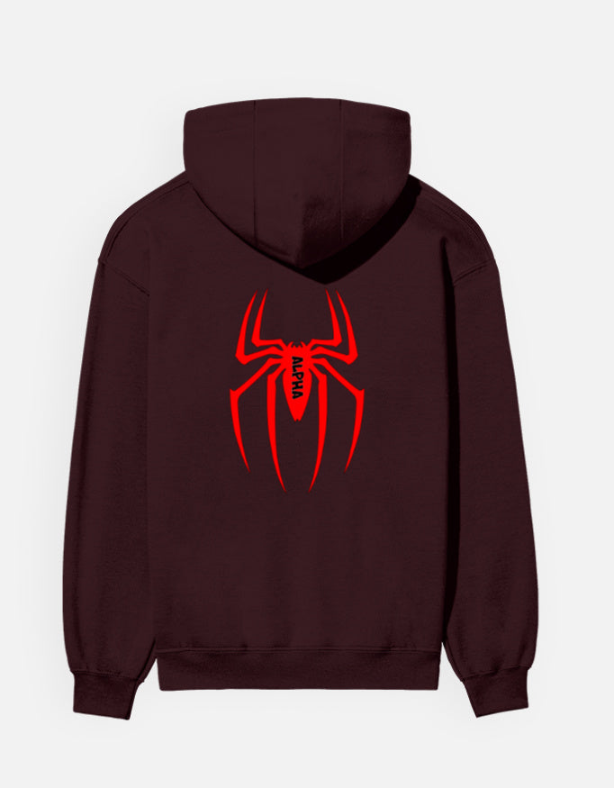 Person wearing a Dumkee maroon hoodie with a red spider logo on the back.