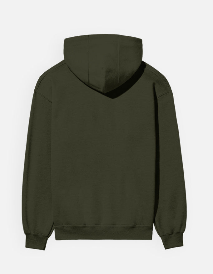 Olive Green hoodie shown from the back on a white background