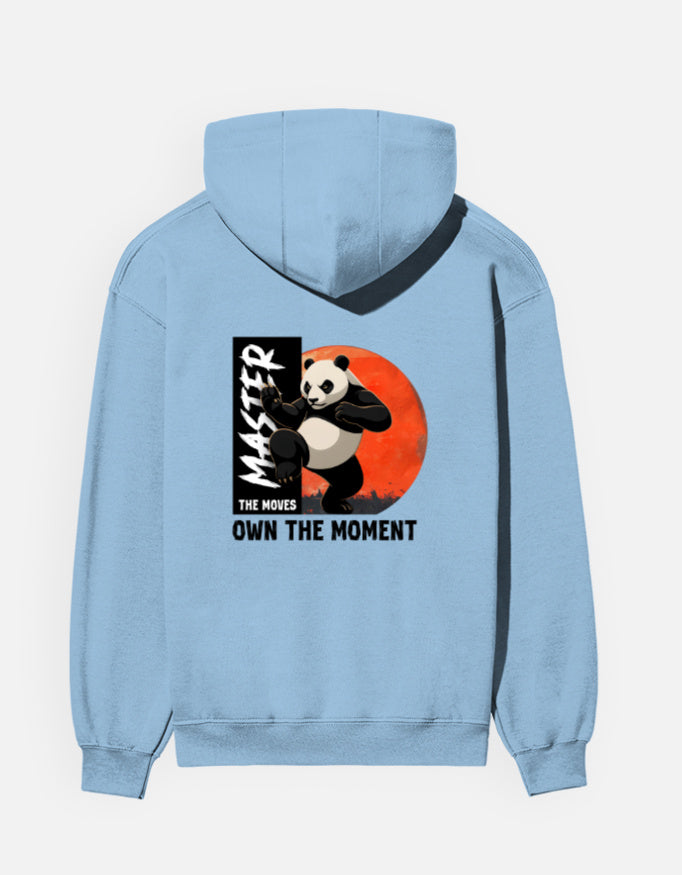 Person wearing a Dumkee Oversize blue hoodie with a panda graphic and text on the back