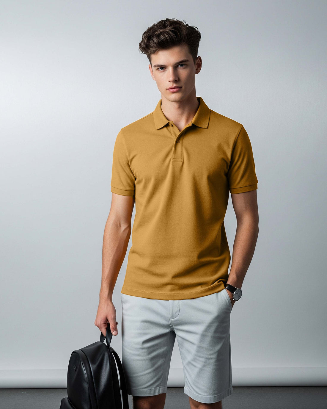 Man wearing a Dumkee mustard yellow polo shirt and light gray shorts