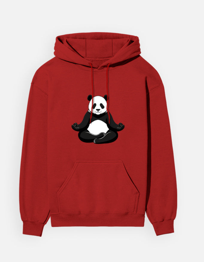 Person wearing a Dumkee red hoodie with a panda design on a beige background
