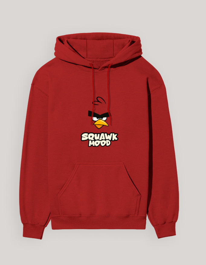 Person wearing a Dumkee red hoodie with an Angry Birds design on a light gray background
