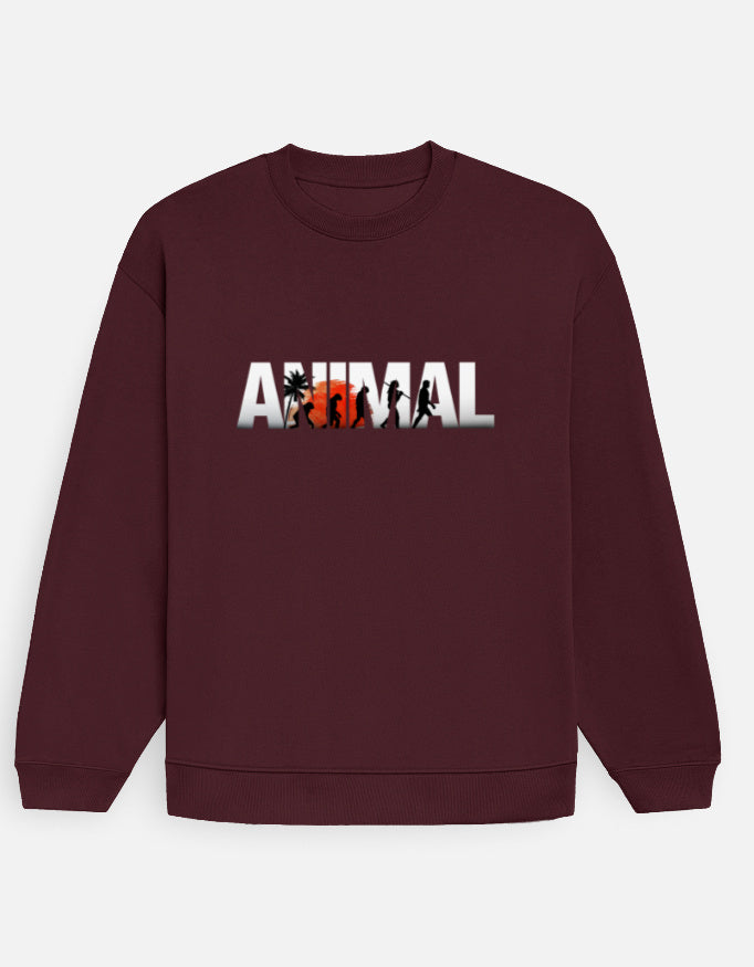 Man wearing a Dumkee maroon sweatshirt with 'ANIMAL' print on it.