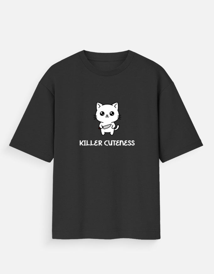 Person wearing a Dumkee Oversize black t-shirt with a killer cat graphic design