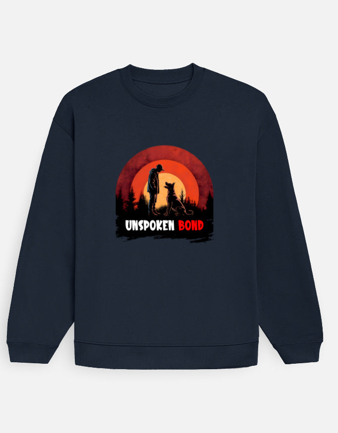 Man wearing a Dumkee oversize navy blue sweatshirt with a graphic design and text.