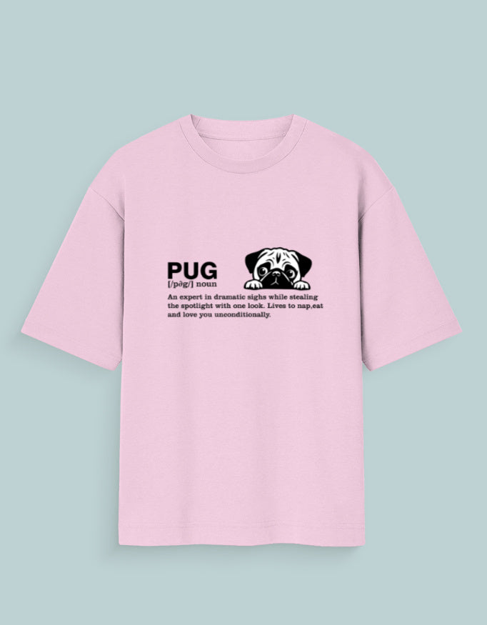 Women wearing a Dumkee Oversize pink oversize t-shirt with a pug graphic