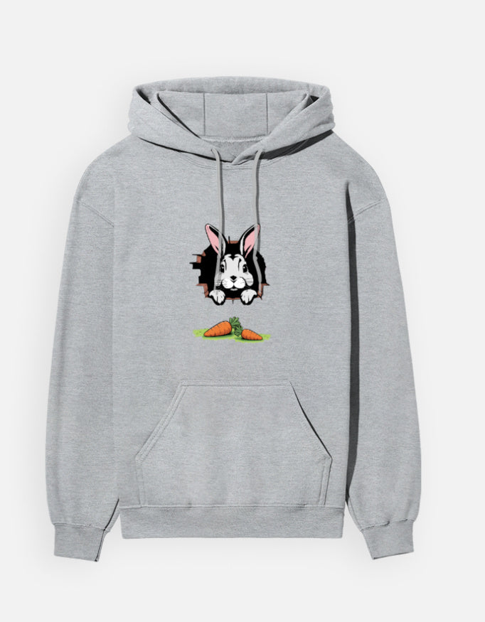 Women wearing a Dumkee gray hoodie with a rabbit character design in a room.