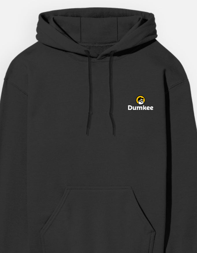 Person wearing a Dumkee  black hoodie with a Dumkee logo