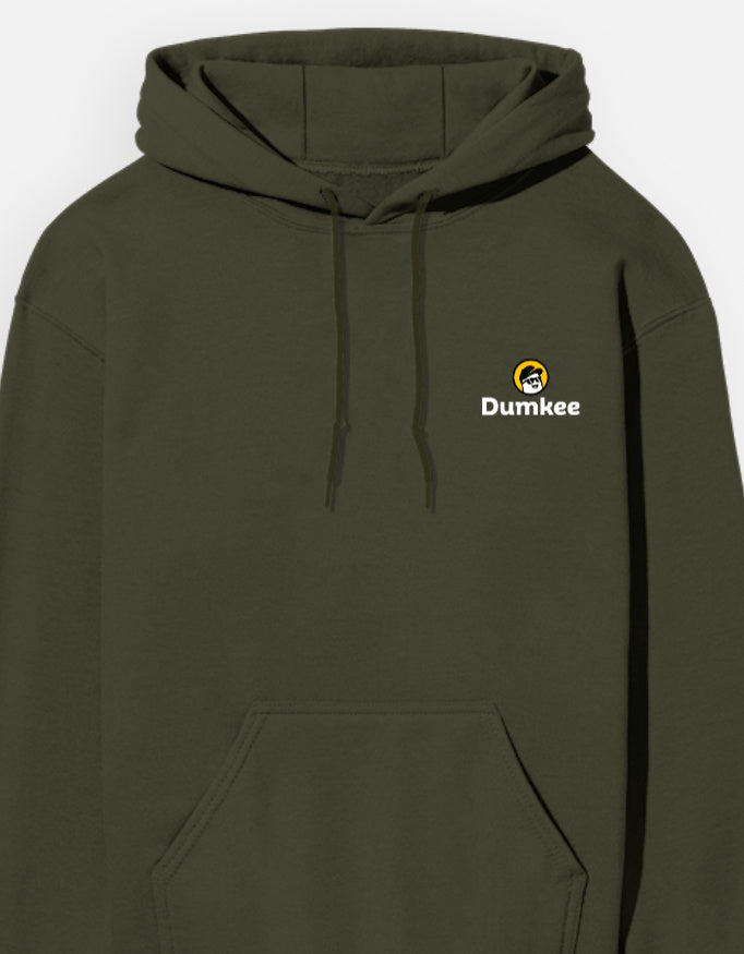 Man wearing a Dumkee Oversize olive green hoodie with a logo