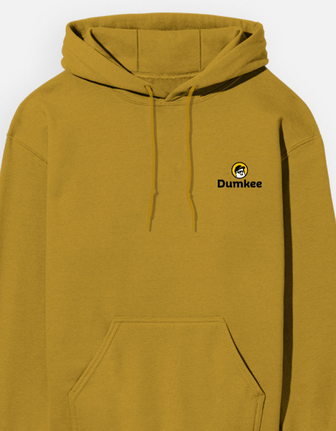 Mustard yellow hoodie with Dumkee logo on a white background