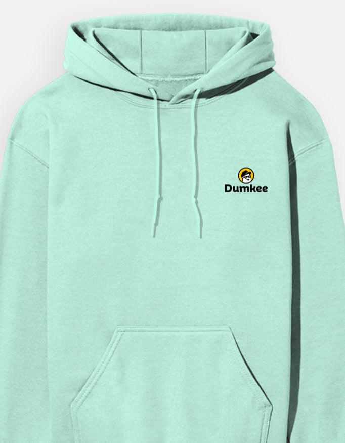 Mint green hoodie with Dumkee logo on a light gray background