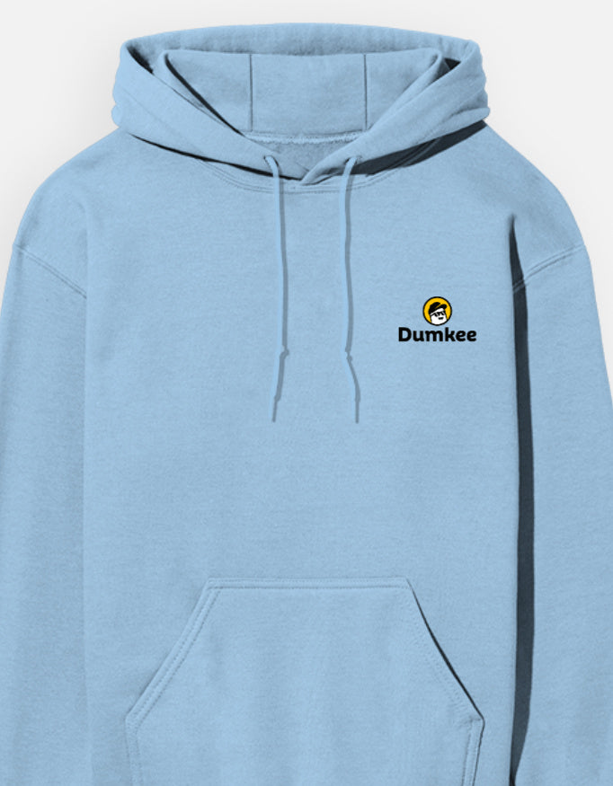 Light blue hoodie with Dumkee logo on a white background