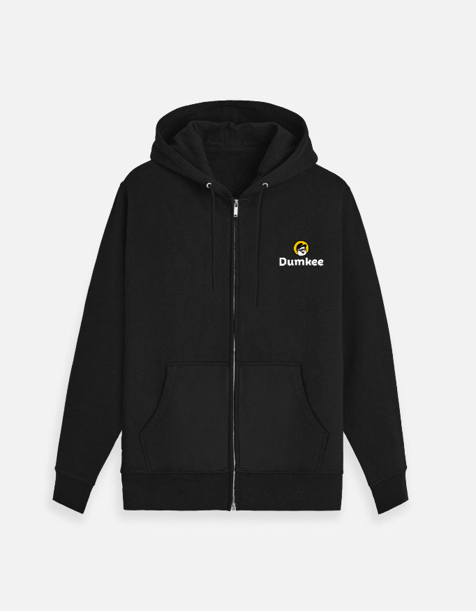 Man wearing a Dumkee black hoodie with a logo.