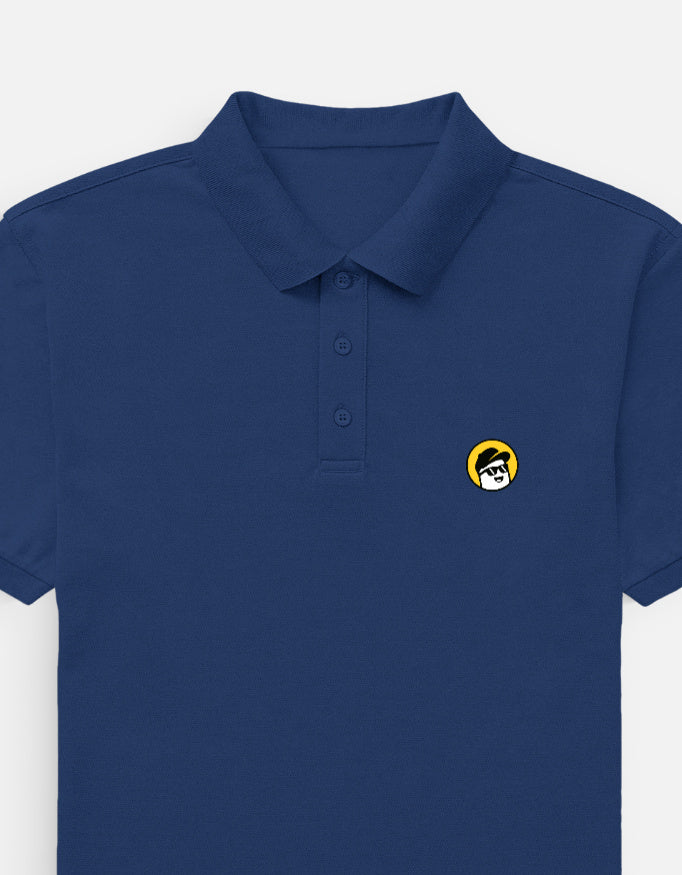 Man wearing a Dumkee  blue polo shirt with a logo