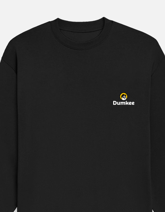 Black sweatshirt with 'Dumkee' logo on a white background