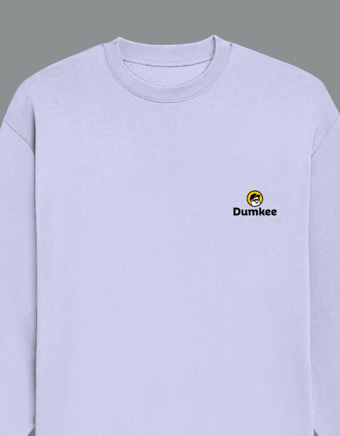 Lavender sweatshirt with Dumkee logo on a gray background