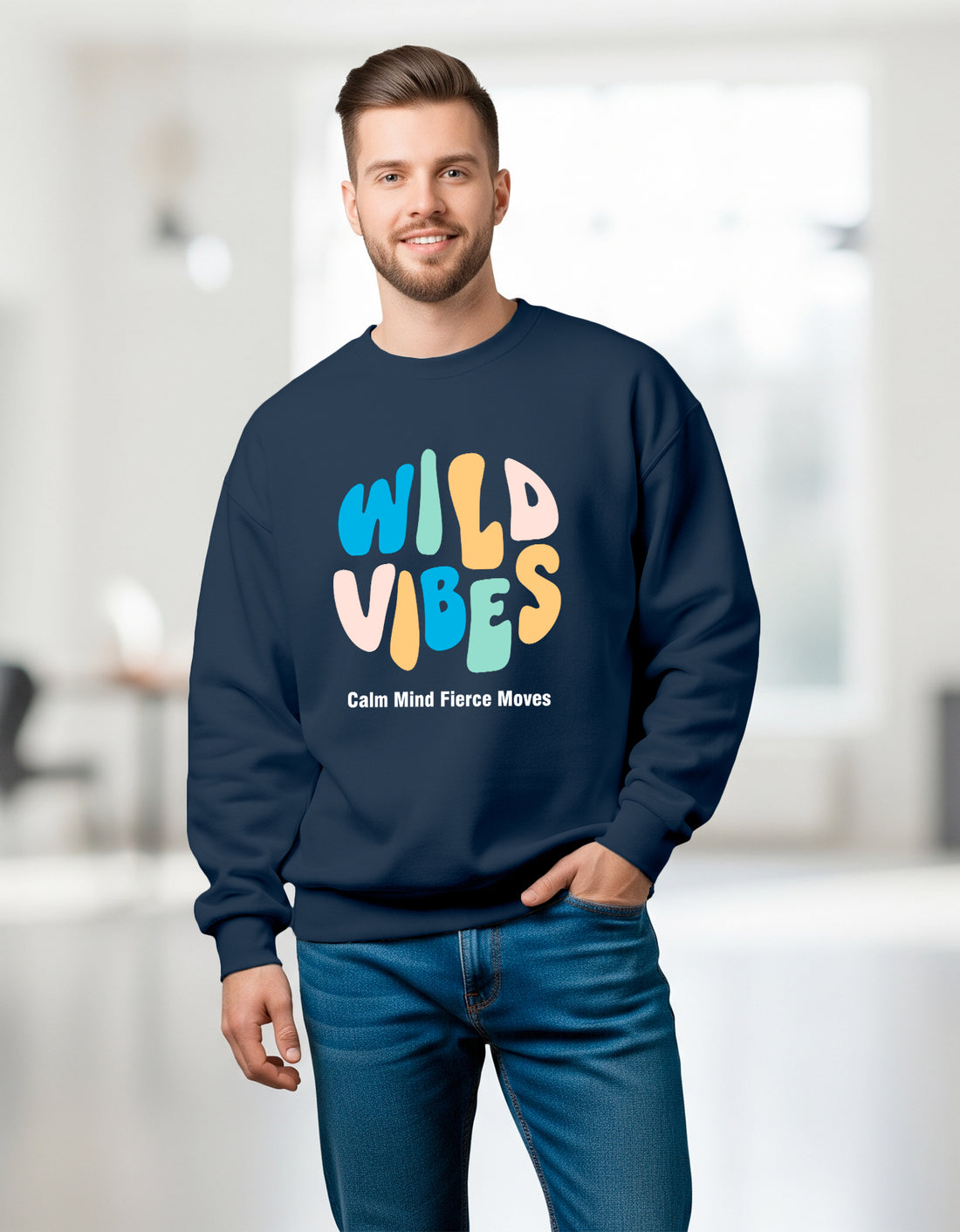 Man wearing a Dumkee Oversize navy blue sweatshirt with 'Wild Vibes' text in colorful letters.