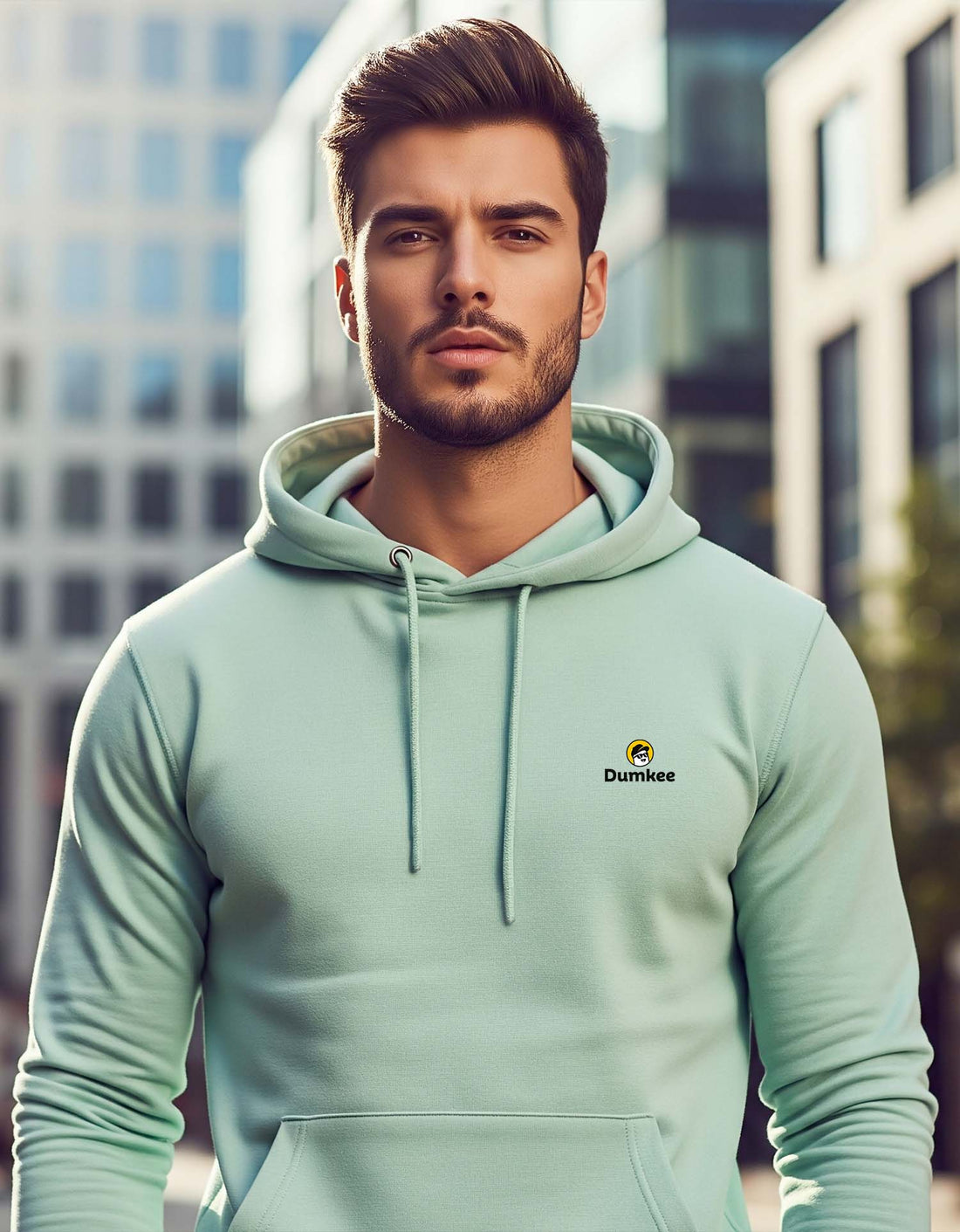 Man wearing a Dumkee mint hoodie with a brand logo in an urban setting