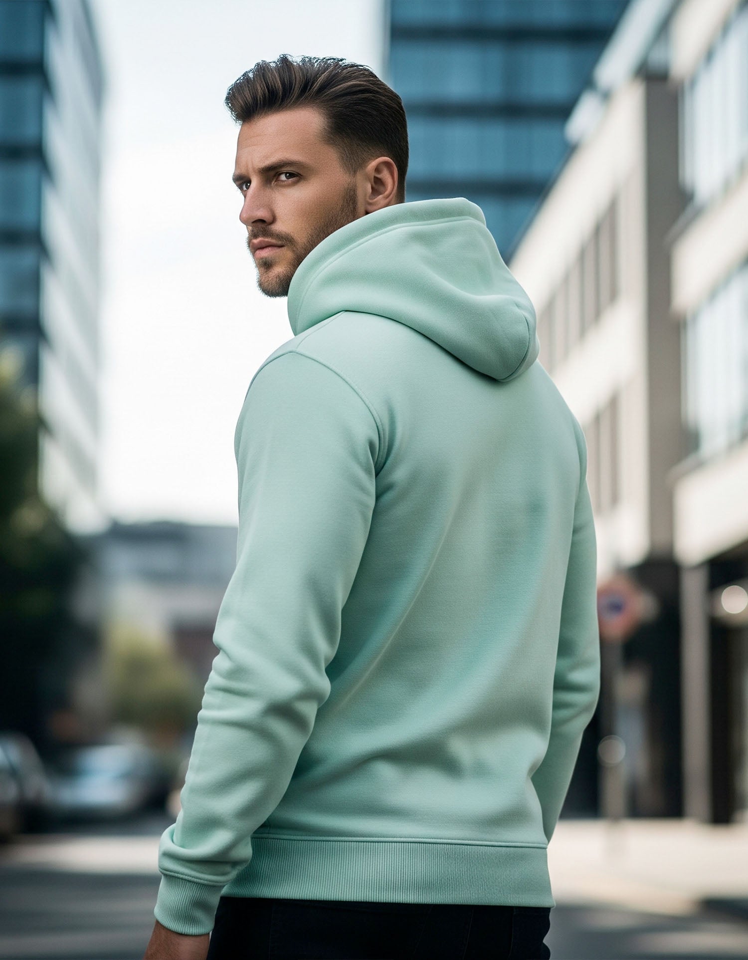 Man wearing a mint hoodie walking on a city street