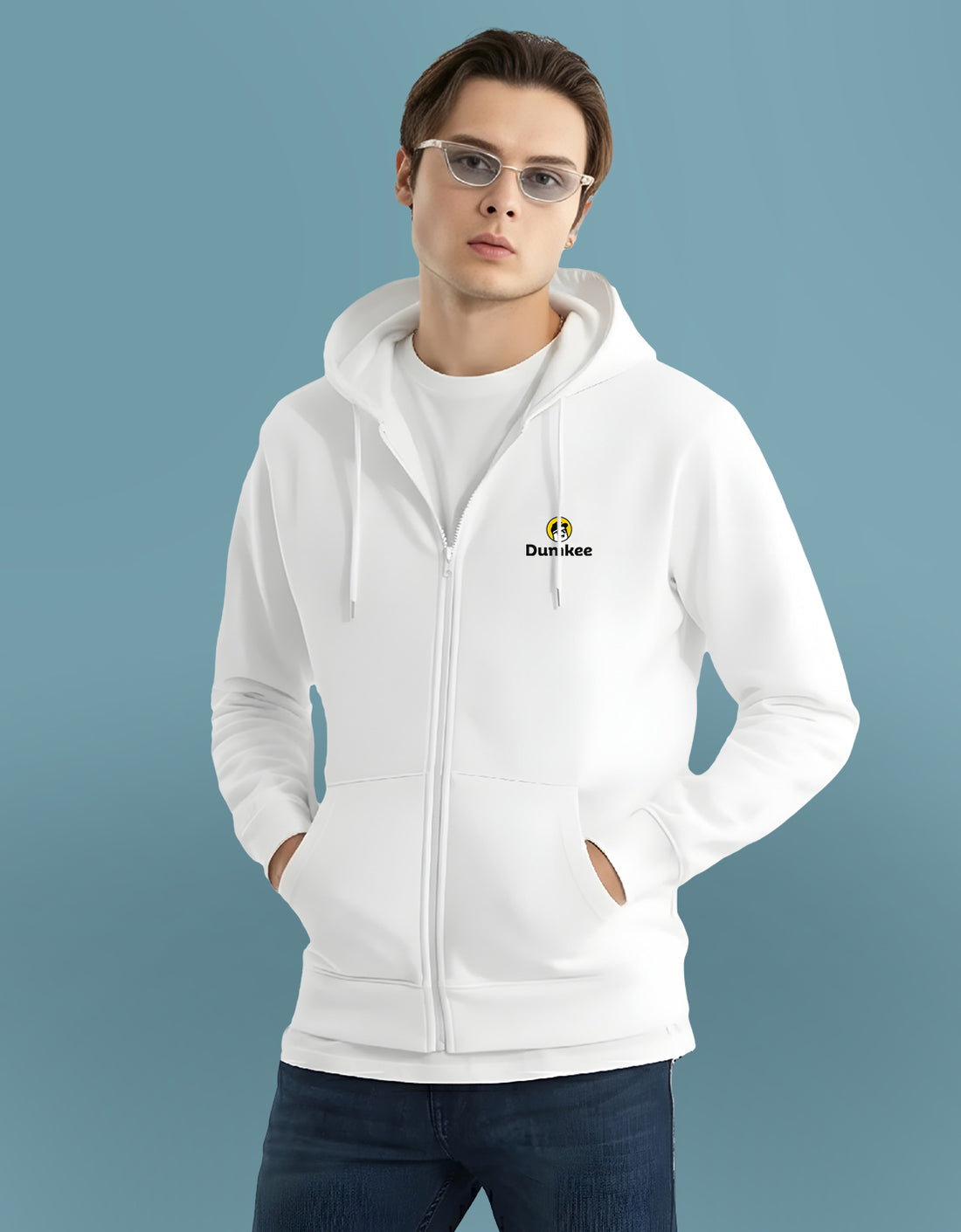 Person wearing a Dumkee  white hoodie with a logo on a blue background