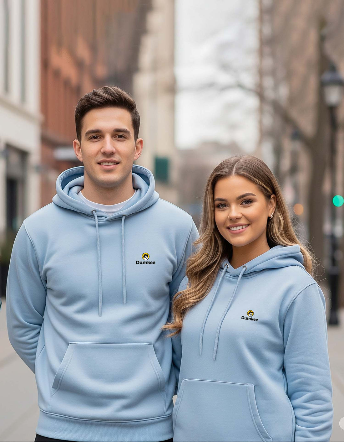 Two people wearing Dumkee  babyblue hoodies with a logo on a city street.