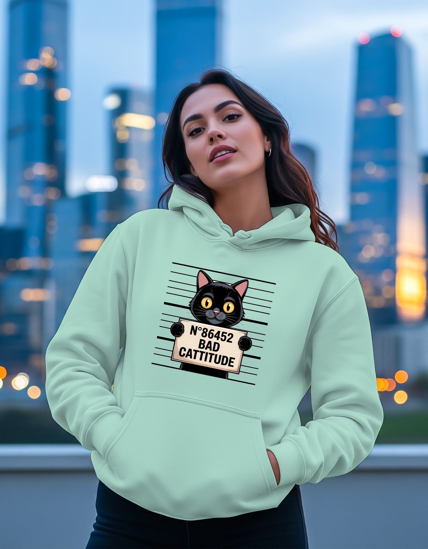 Woman wearing a Dumkee light green hoodie with a cat graphic and text in an urban setting