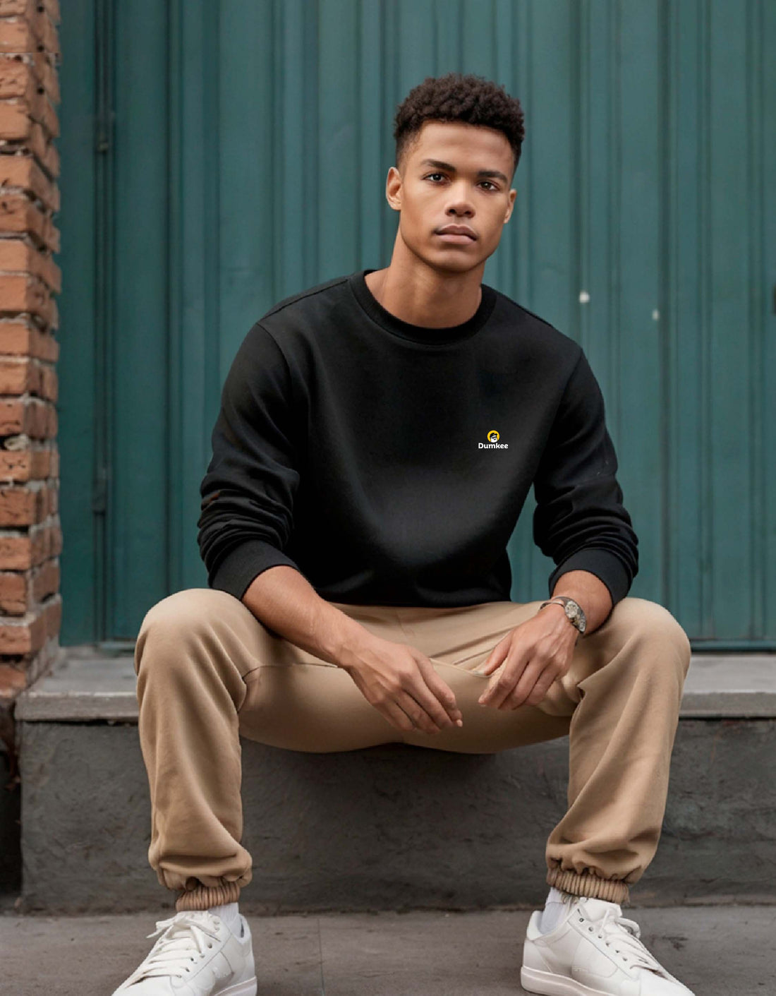 Man wearing a black sweatshirt with a Dumkee  logoand white sneakers sitting on a step.
