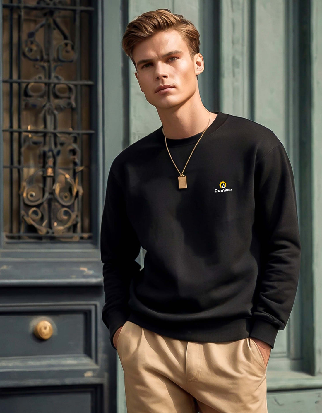 Man wearing a black sweatshirt with a Dumkee  logoand white sneakers sitting on a step.