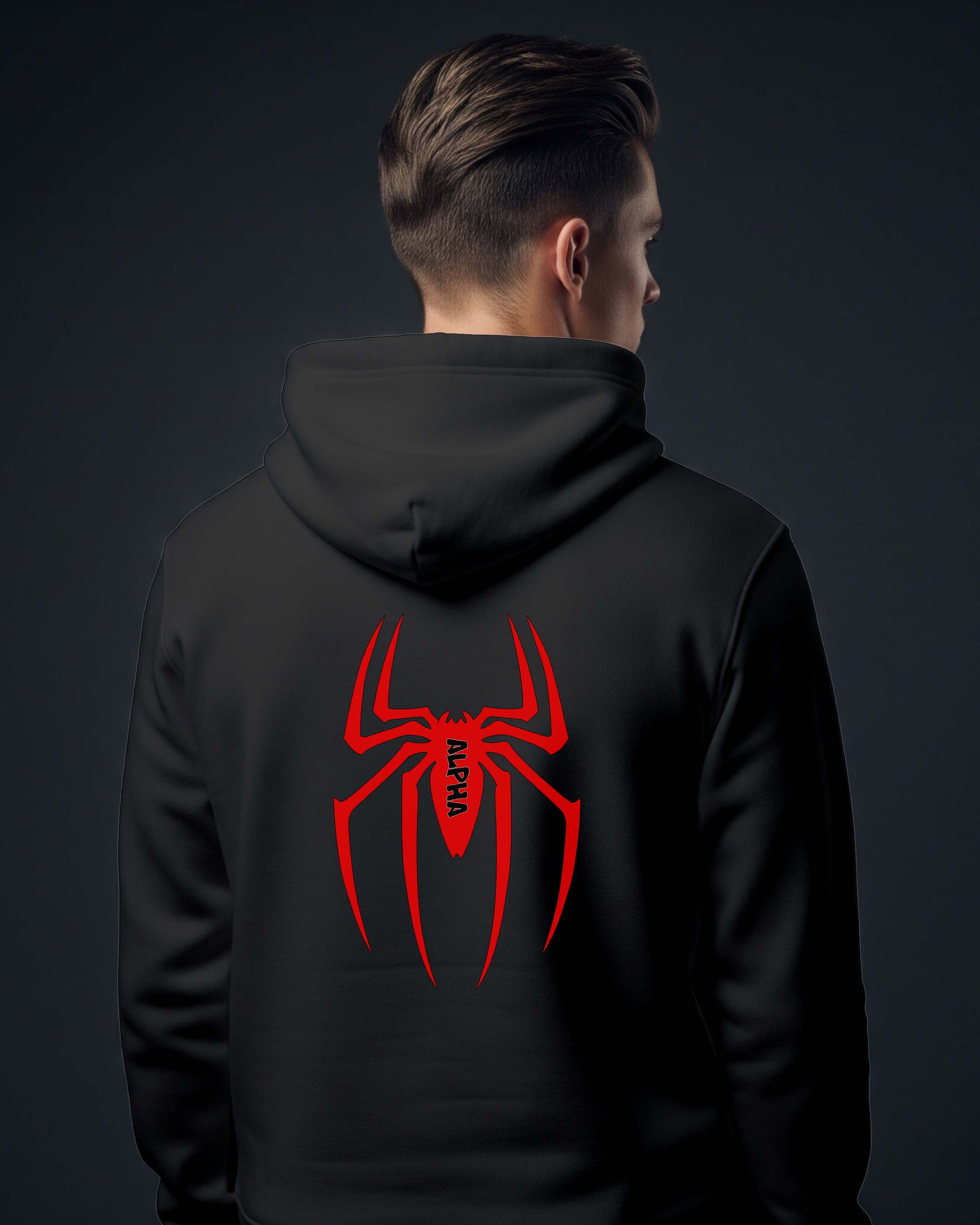 Person wearing a Dumkee  black hoodie with a red spider log.background