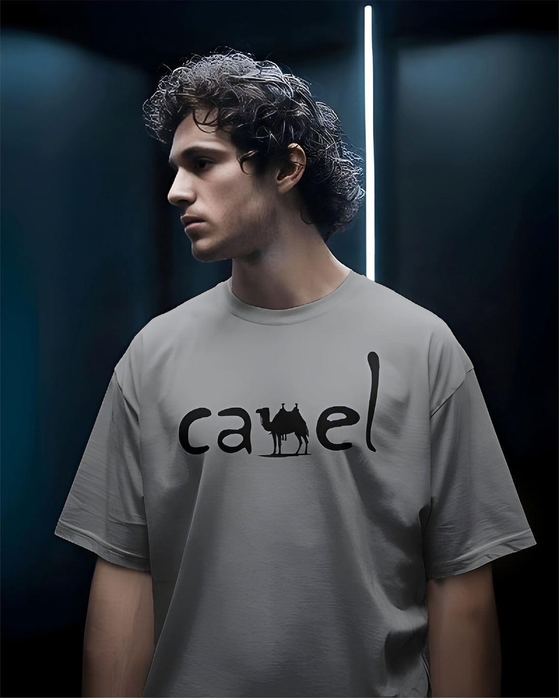 Person wearing a Dumkee Oversize gray t-shirt with 'camel' logo against a dark background
