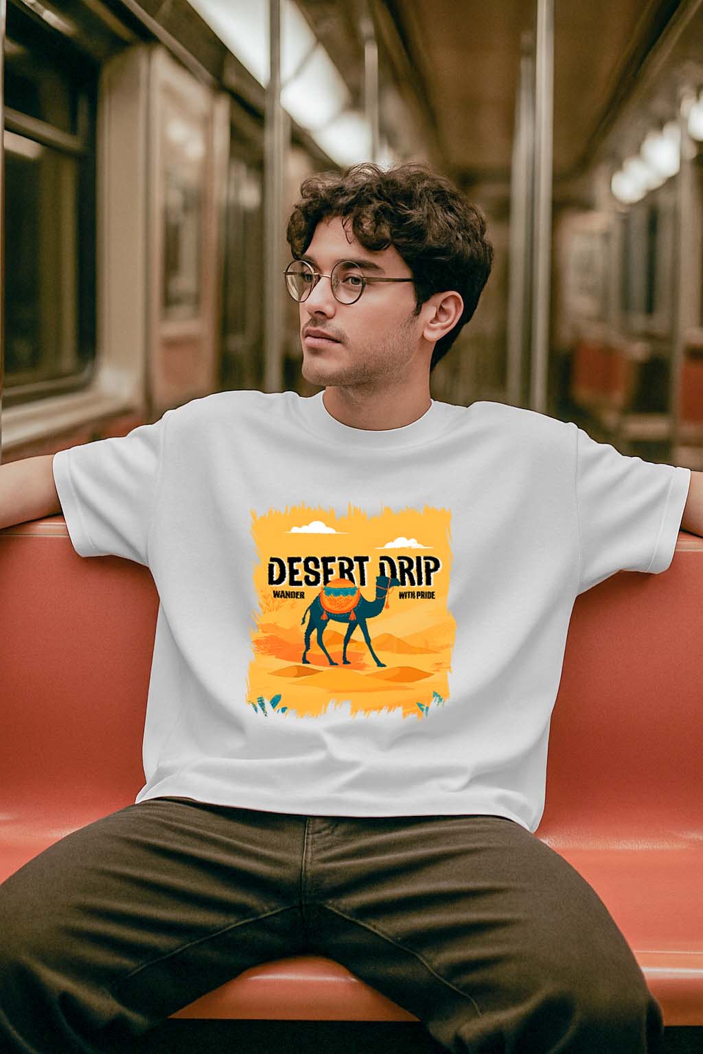 Person wearing a Dumkee Oversize white t-shirt with a 'Desert Drip' graphic on a subway train.
