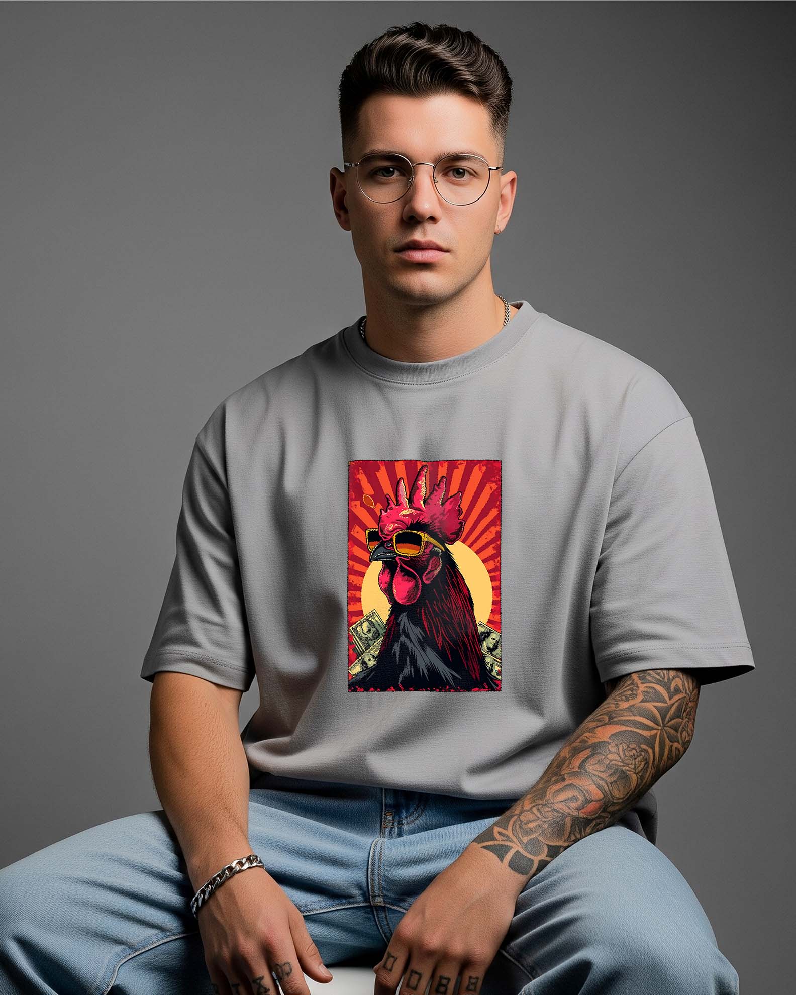 Man wearing a Dumkee gray t-shirt with a rooster graphic on a gray background