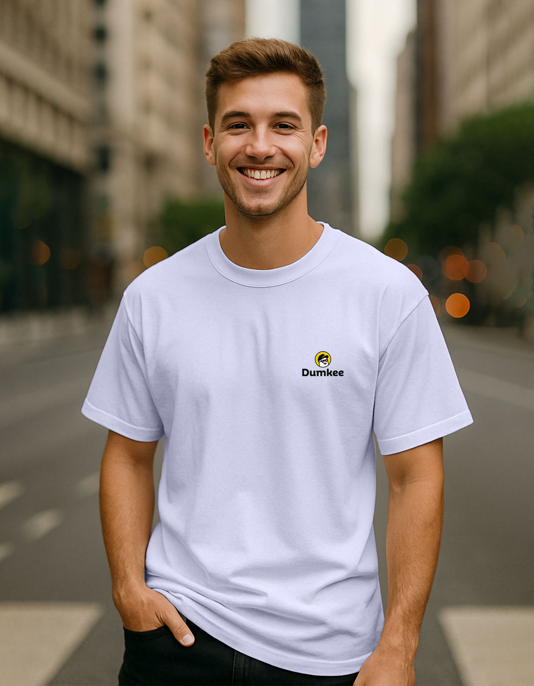 Person wearing a Dumkee Oversize white t-shirt with a Dumkee logo on a street.