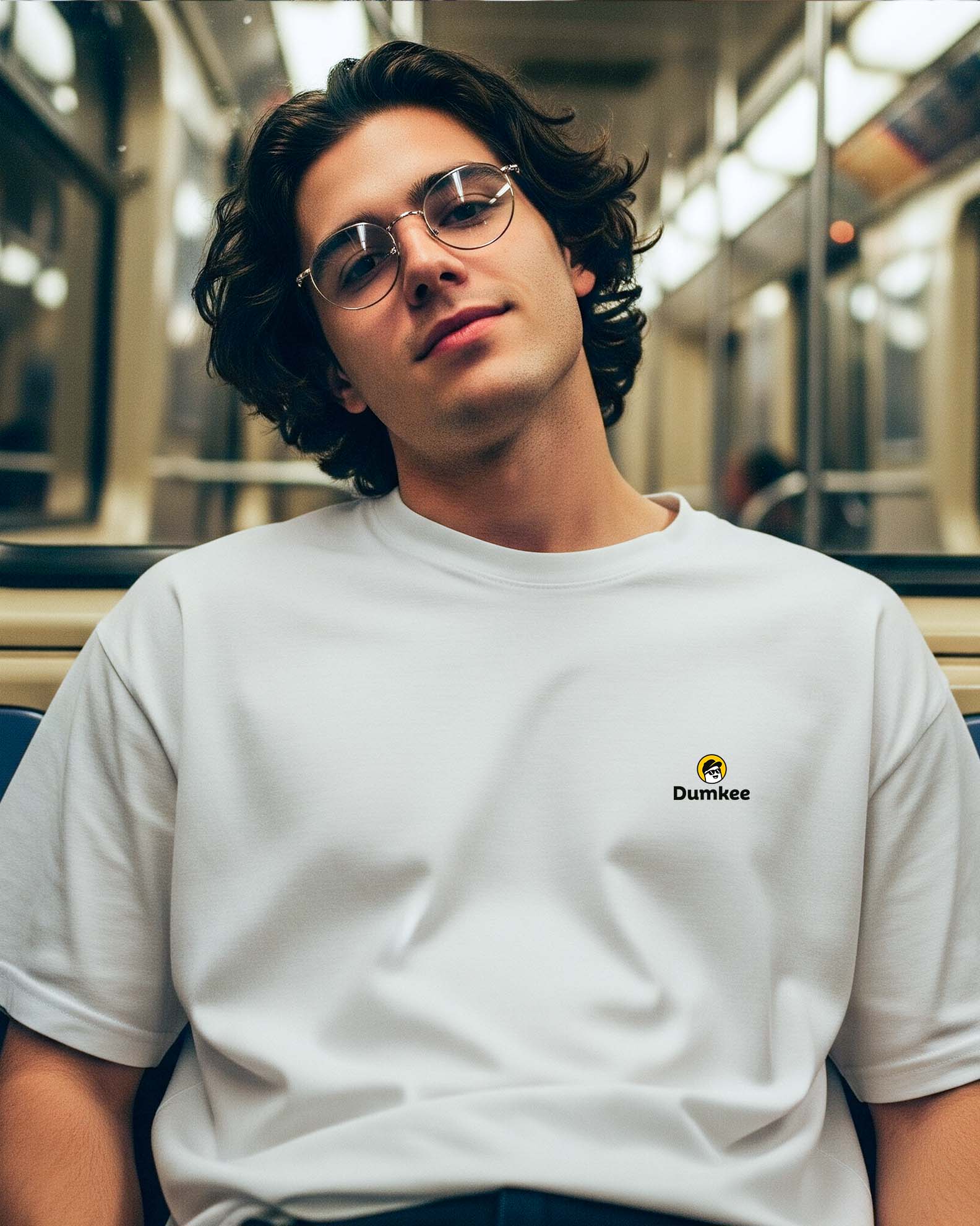Person wearing a Dumkee Oversize white t-shirt with a Dumkee logo