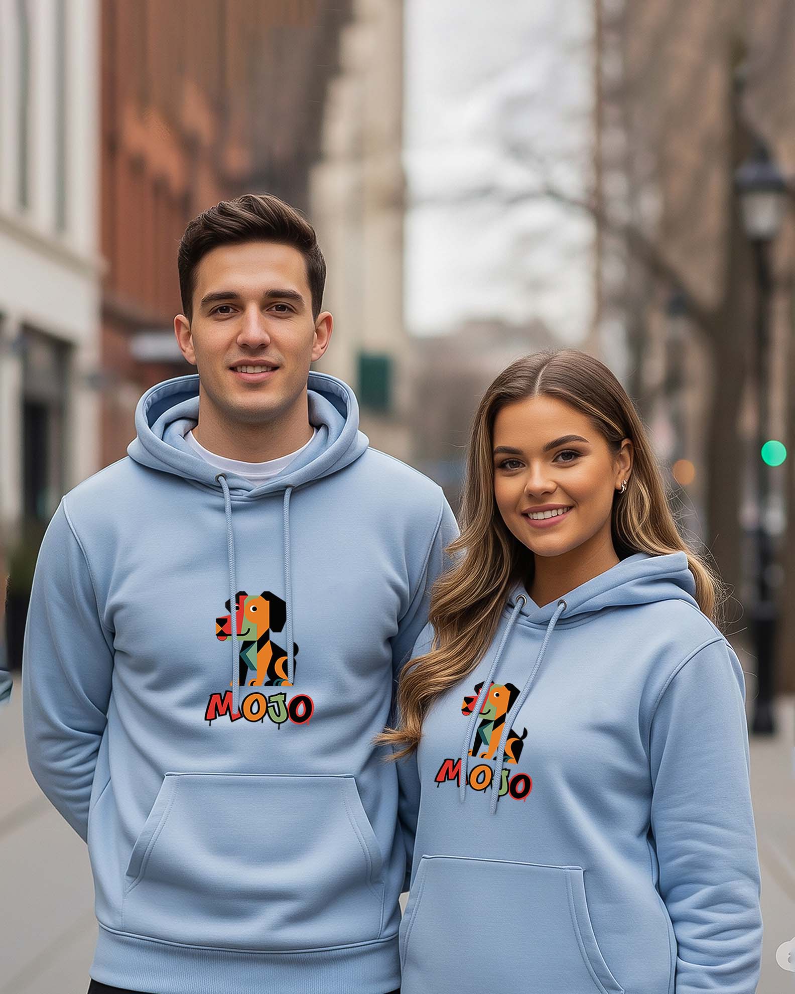 Two people wearing matching light blue hoodies with a colorful Dog design.