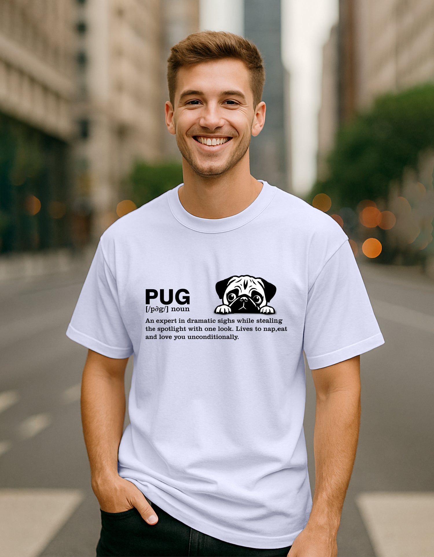 Man wearing a Dumkee white oversize t-shirt with a pug graphic and text on a city street.