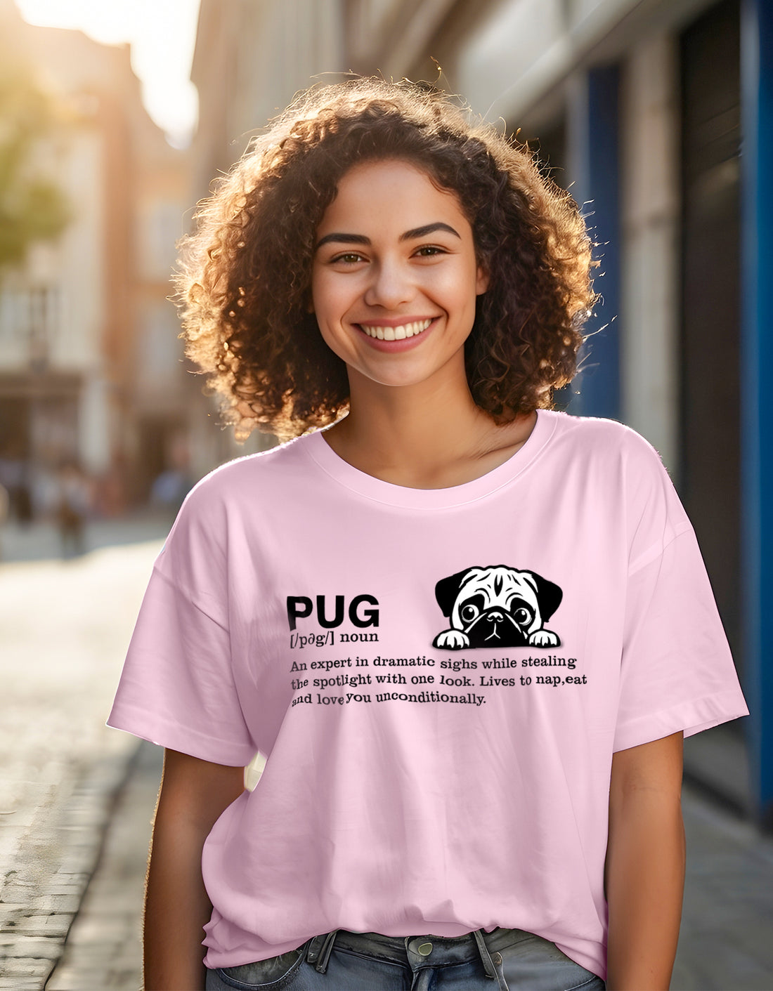 Women wearing a Dumkee Oversize pink oversize t-shirt with a pug graphic