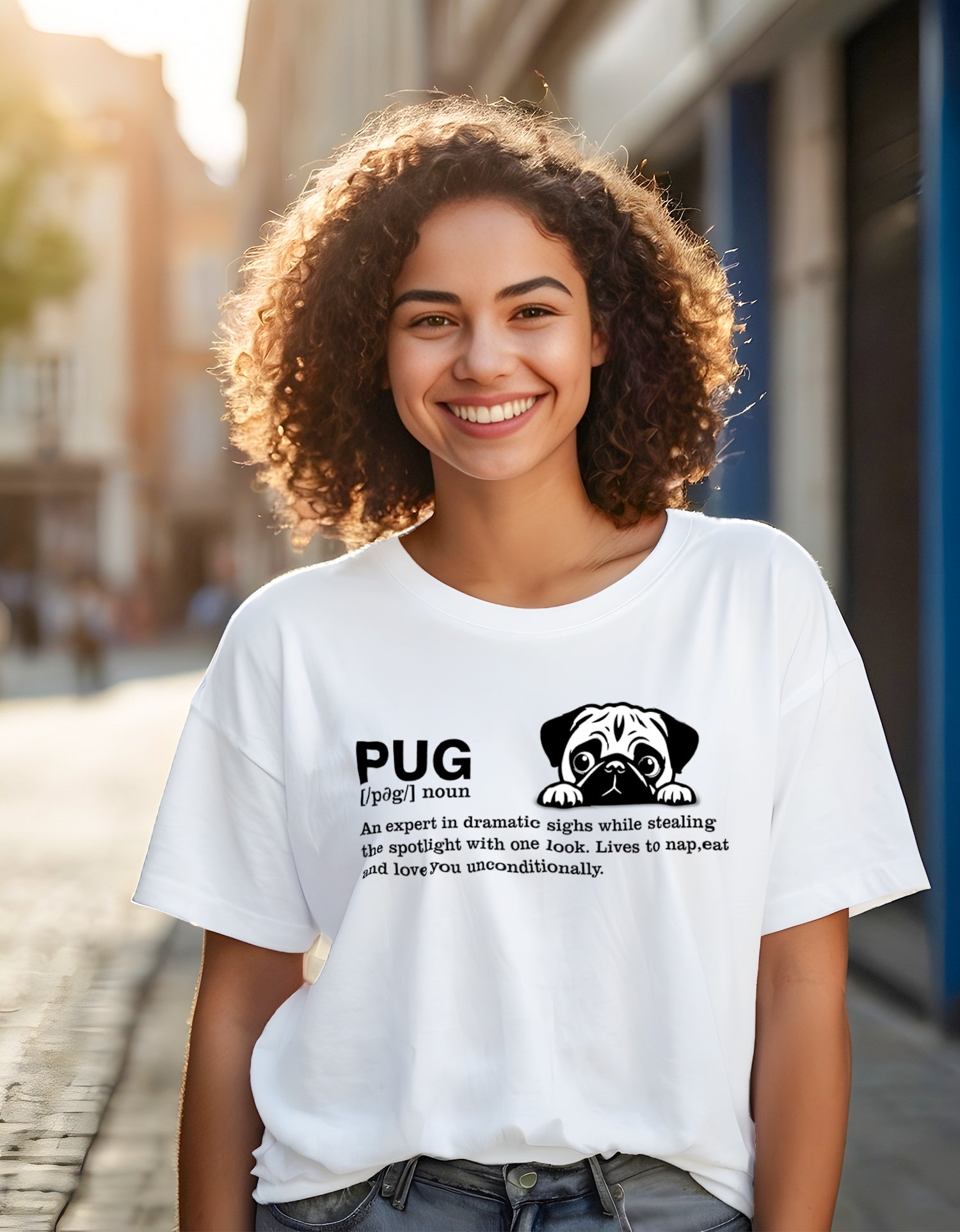 Women wearing a Dumkee white oversize t-shirt with a pug graphic and text on a city street.