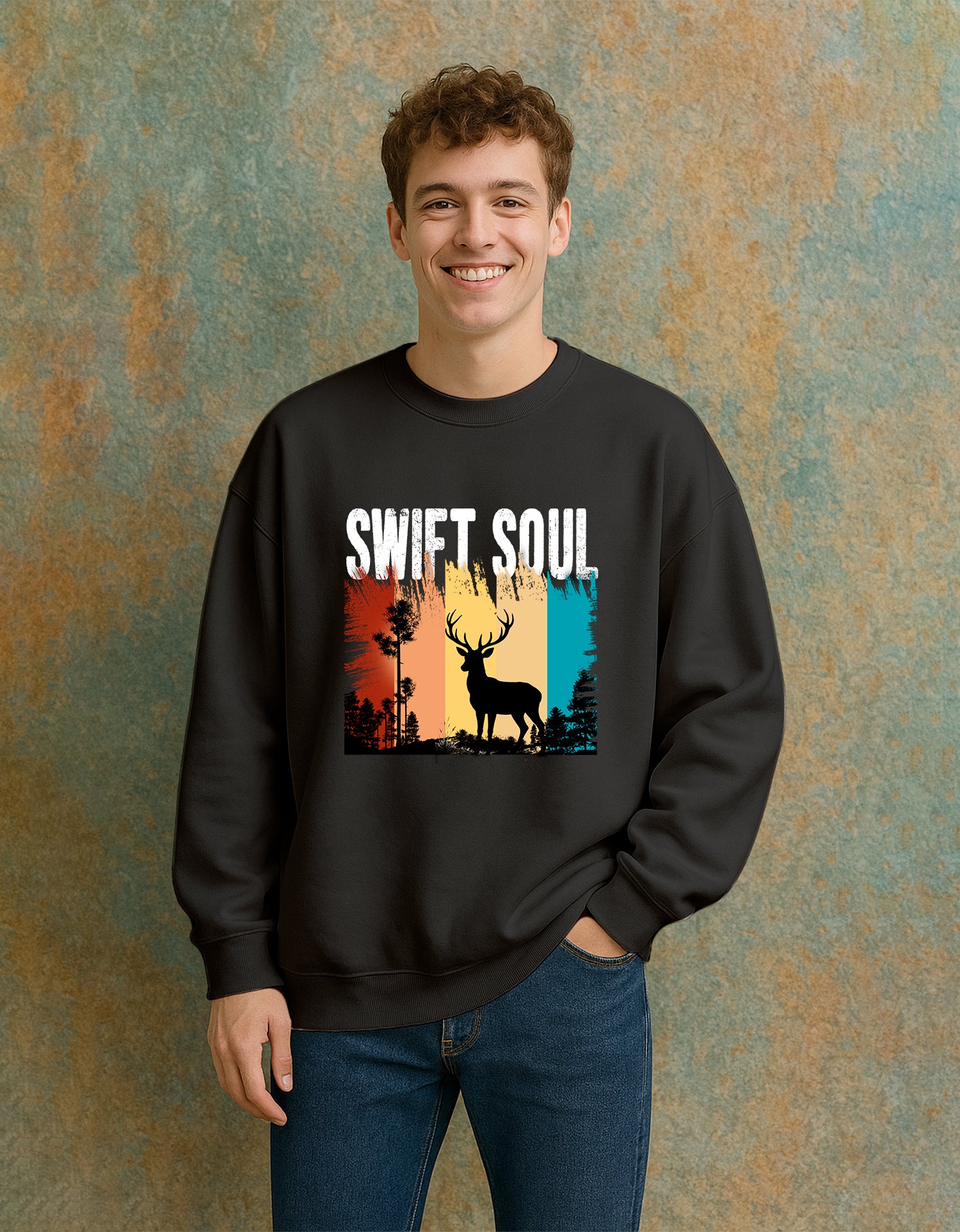 Person wearing a Dumkee Oversize black sweatshirt with 'Swift Soul' design