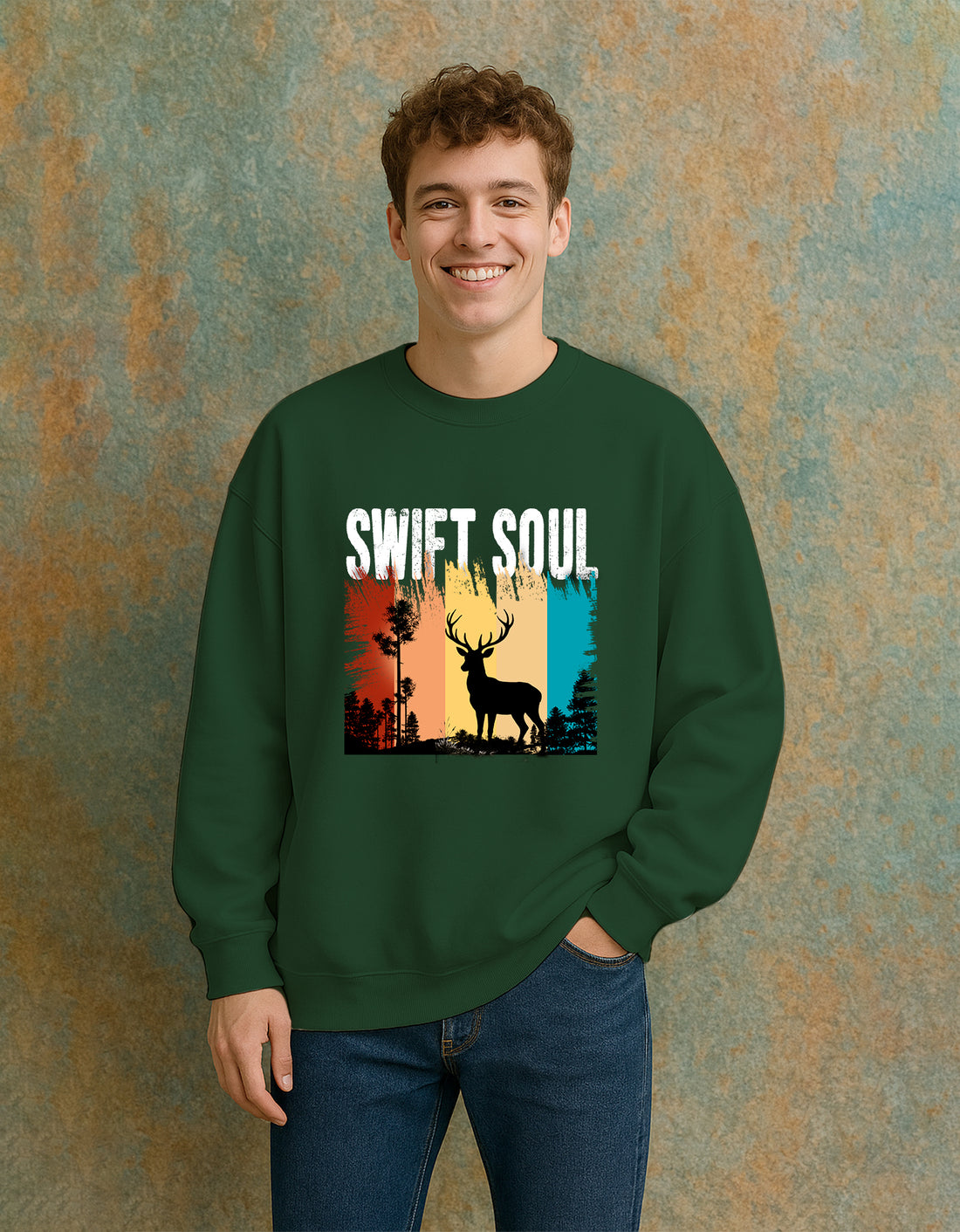 Person wearing a Dumkee Oversize green sweatshirt with 'Swift Soul' design