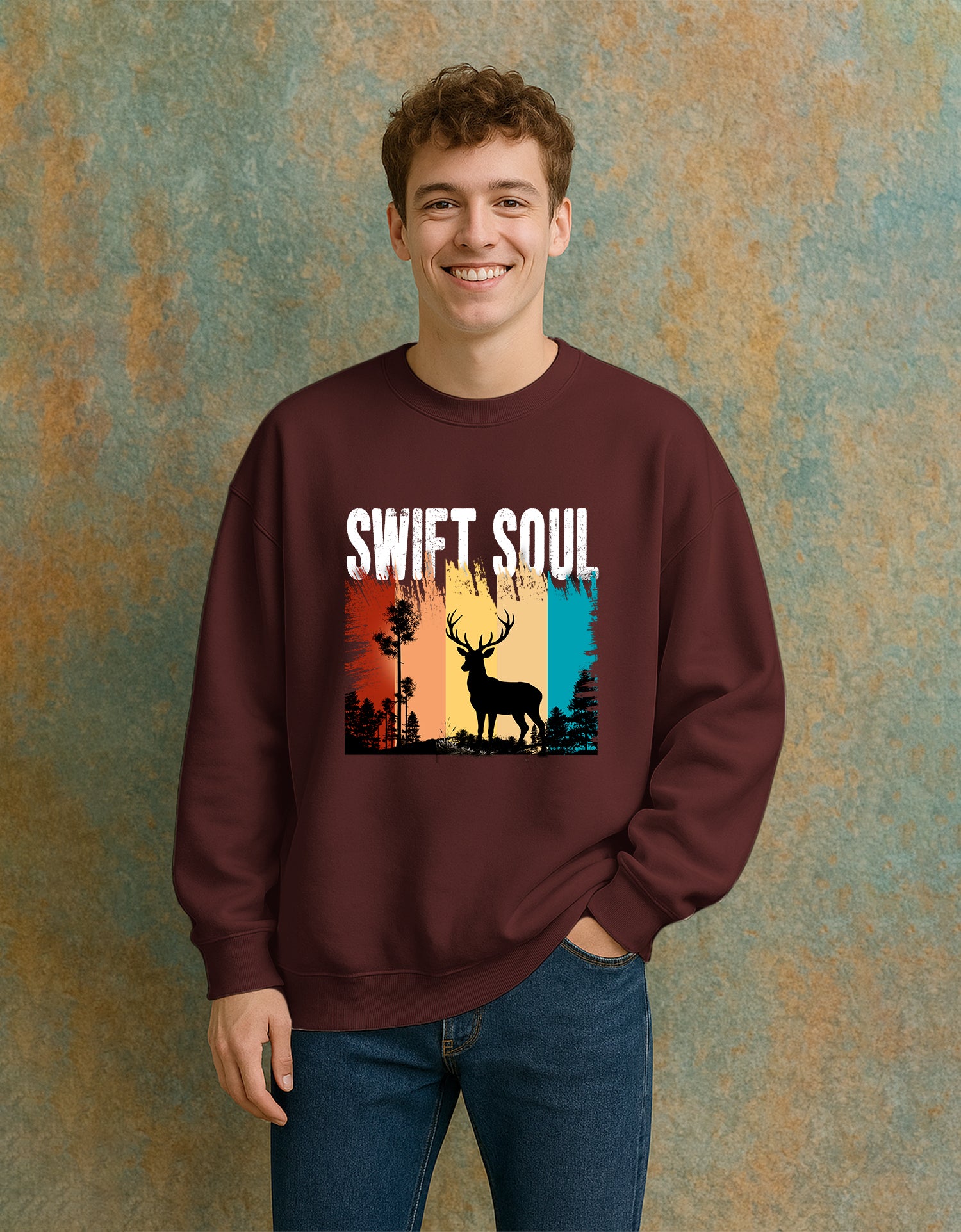 Person wearing a Dumkee Oversize maroon sweatshirt with 'Swift Soul' design