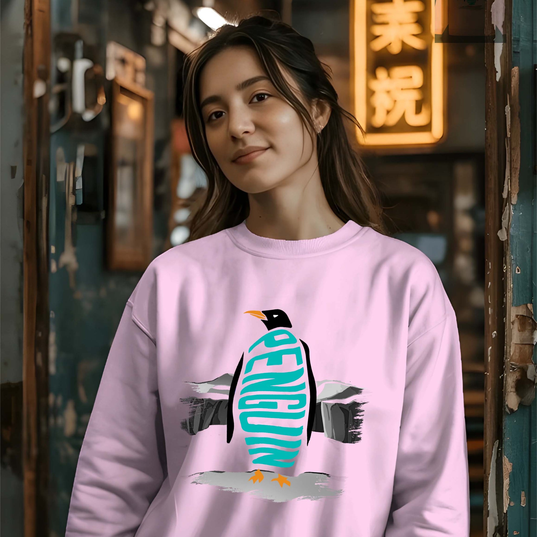 Person wearing a Dumkee Oversize pink sweatshirt with a penguin design in an urban setting