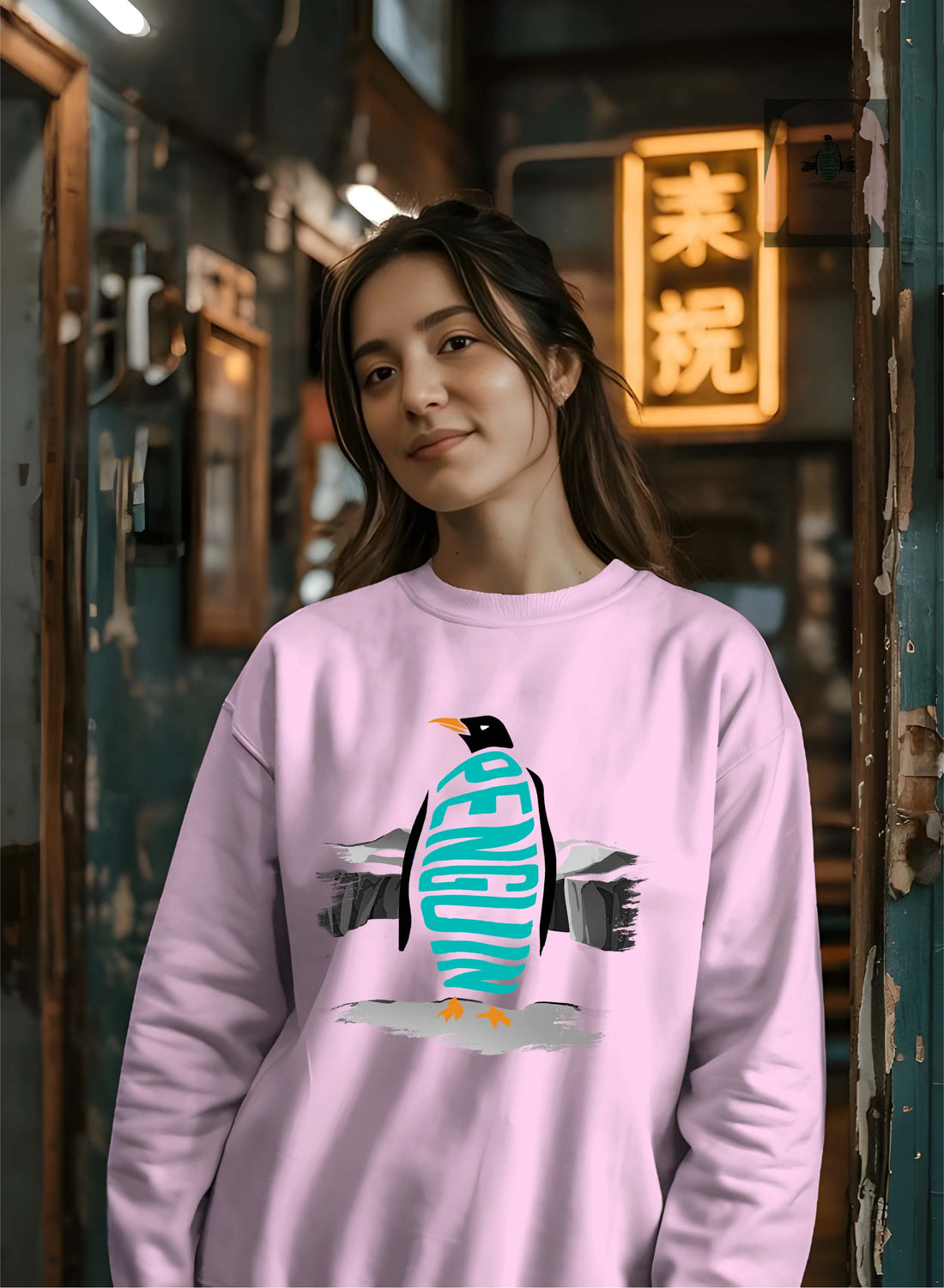 Person wearing a Dumkee Oversize pink sweatshirt with a penguin design in an urban setting