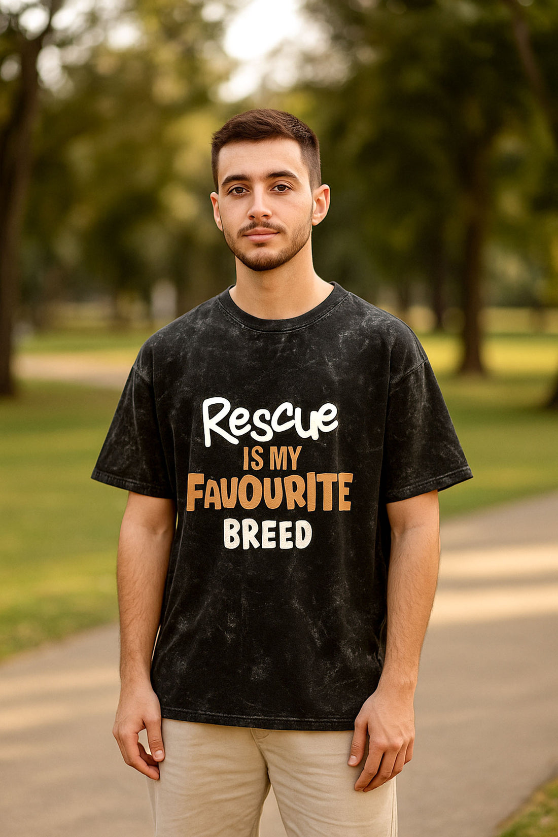 Man wearing a Dumkee Oversize black t-shirt with 'Rescue is my favourite breed' text in a park.