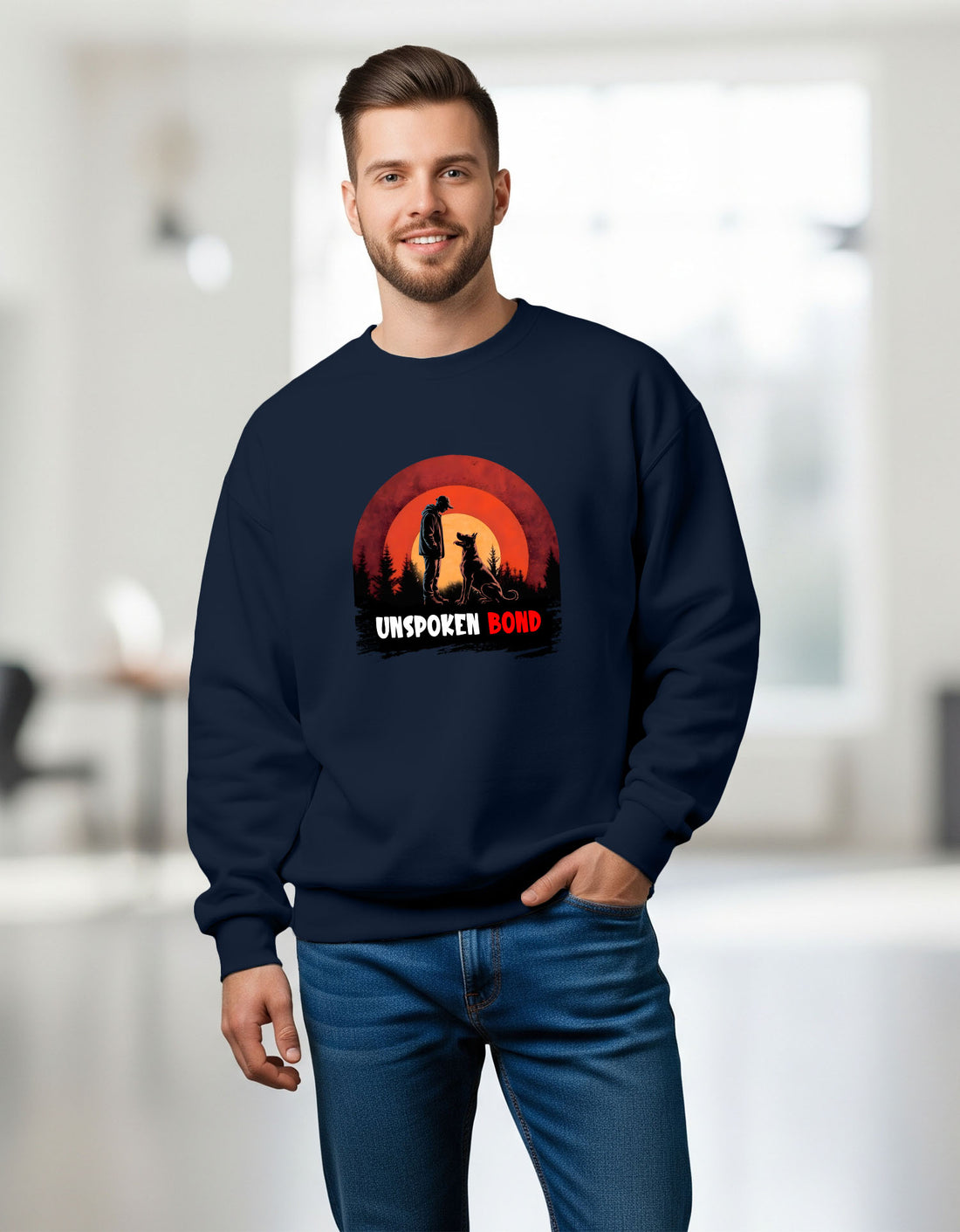 Man wearing a Dumkee oversize navy blue sweatshirt with a graphic design and text.